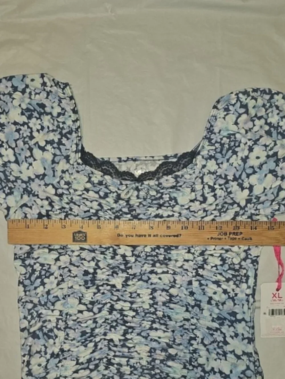Justice Girls XL 16/18 Navy, White Floral Short Puff Sleeves Ruched Crop Top New